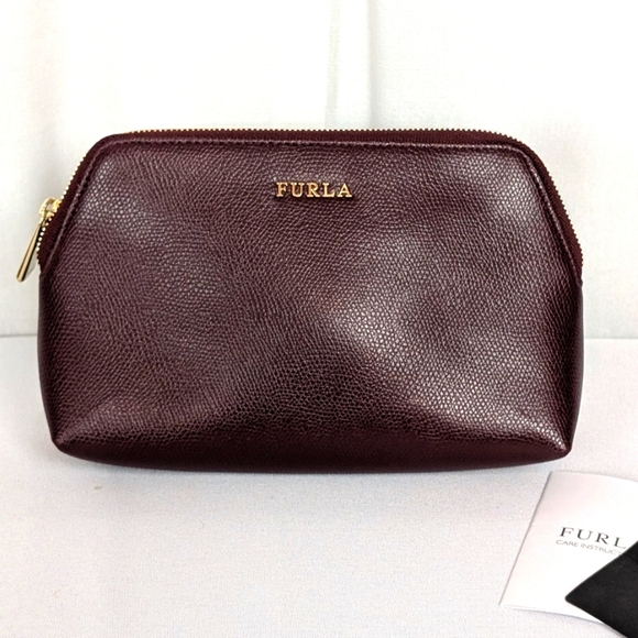 Furla Burgundy Leather Cosmetic/Clutch/Bag Gold Hardware with dust bag NWT - Picture 1 of 9
